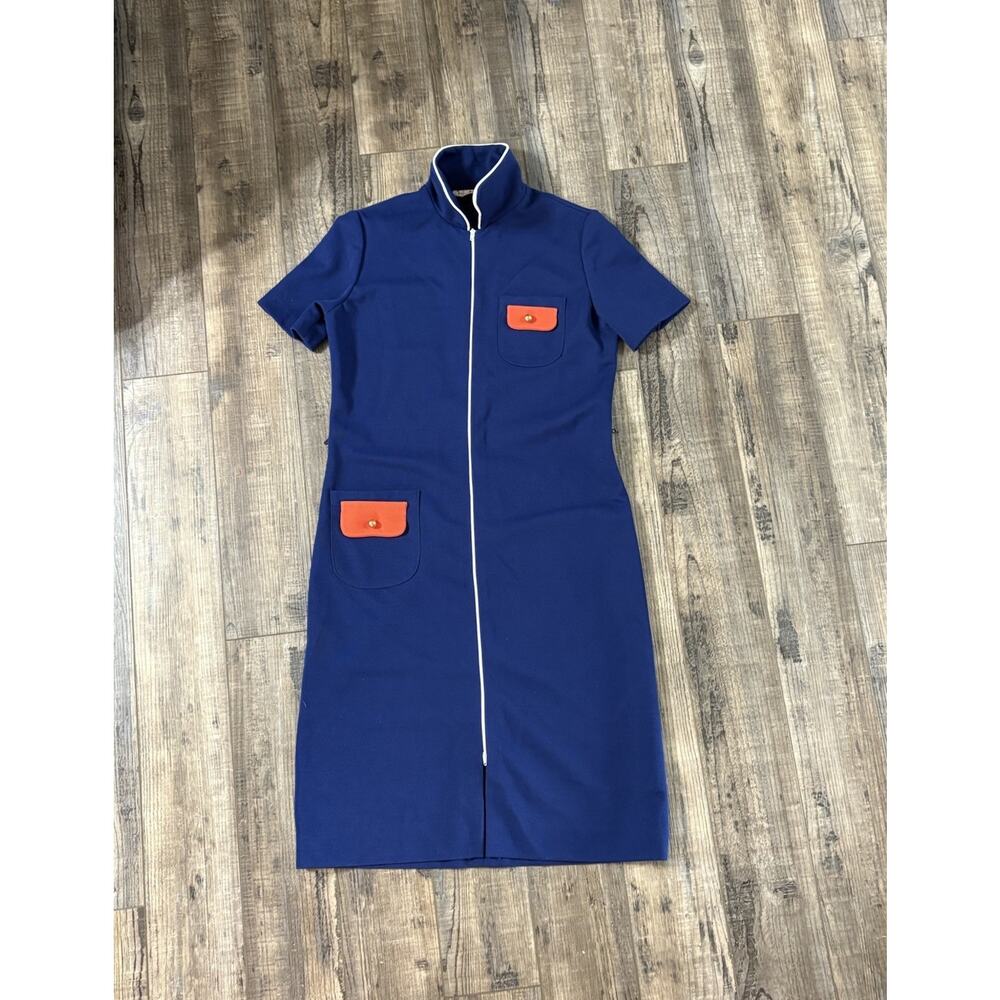 Vtg ROUTE ONE Coast to Coast Navy Blue w/Two Pockets Dress Midi Stewardess